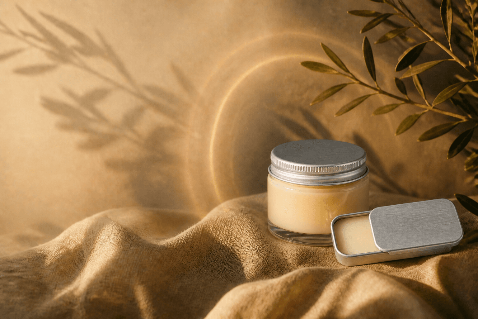 Aura balm and chapstick arranged together on linen