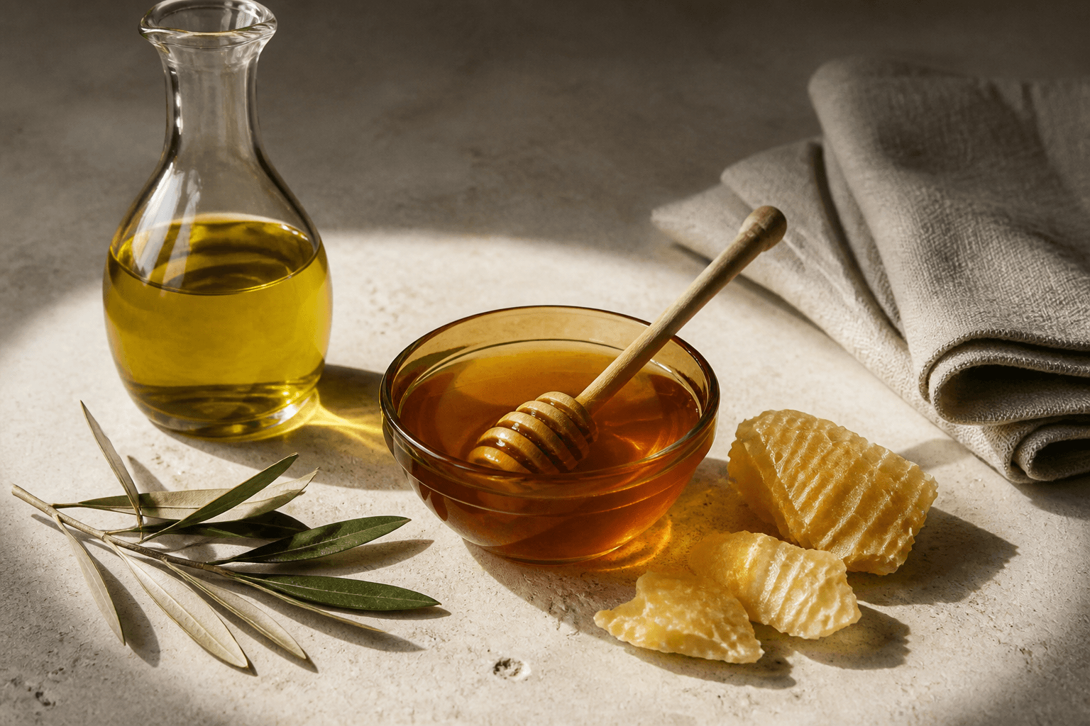 Honey, beeswax, olive oil, linen, and olive leaves